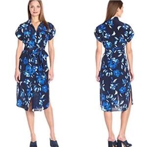 Yumi Kim 100% Silk Short Sleeve Career Shirt Dress Navy Floral S